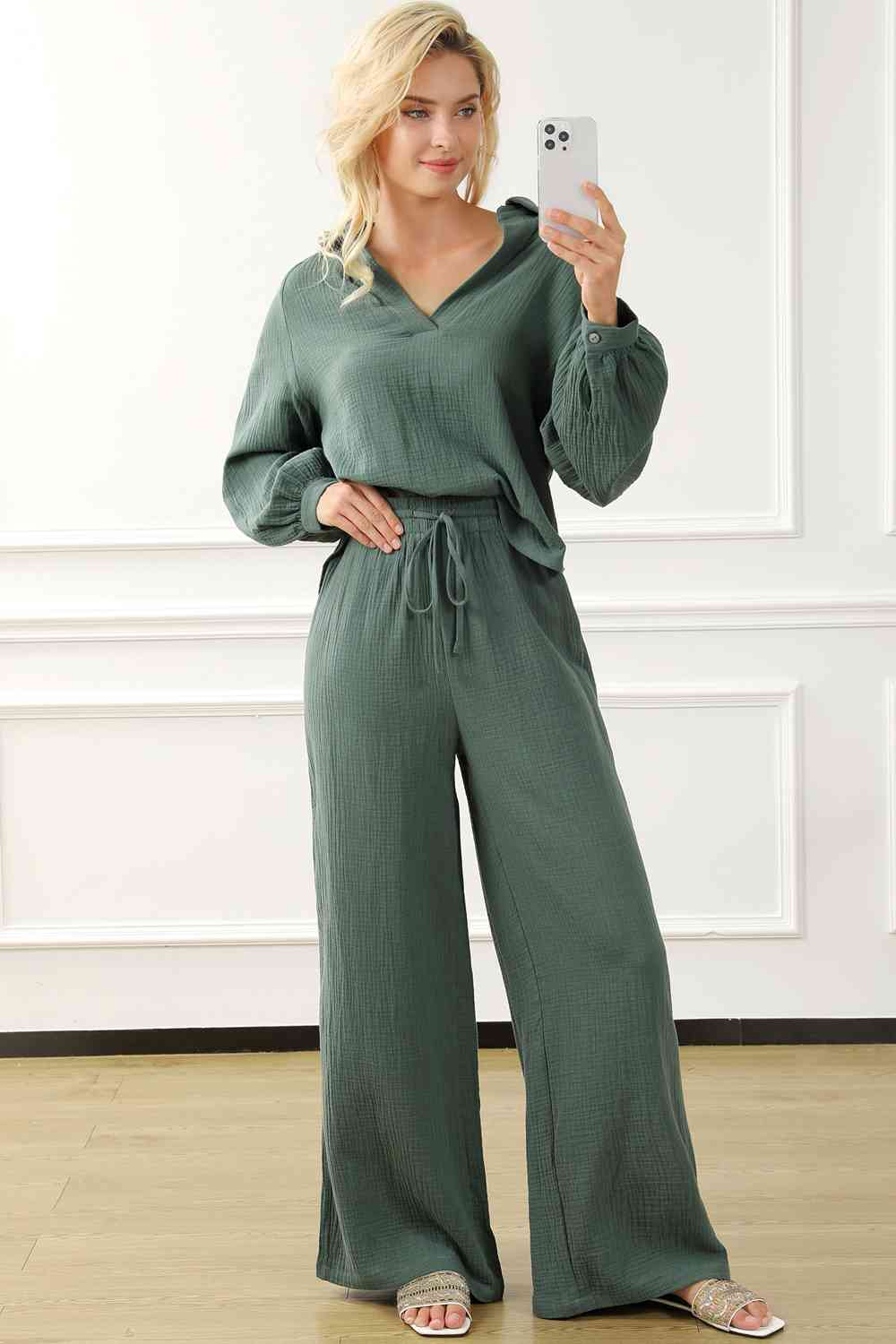 Dark Slate Gray Collared Neck Top and Drawstring Pants Set