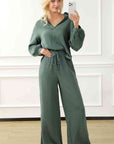 Dark Slate Gray Collared Neck Top and Drawstring Pants Set