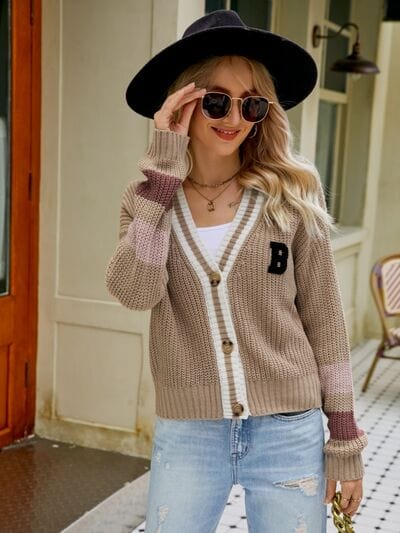 Rosy Brown Contrast Button Up Dropped Shoulder Cardigan