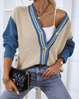 Gray Contrast Button Up Dropped Shoulder Cardigan