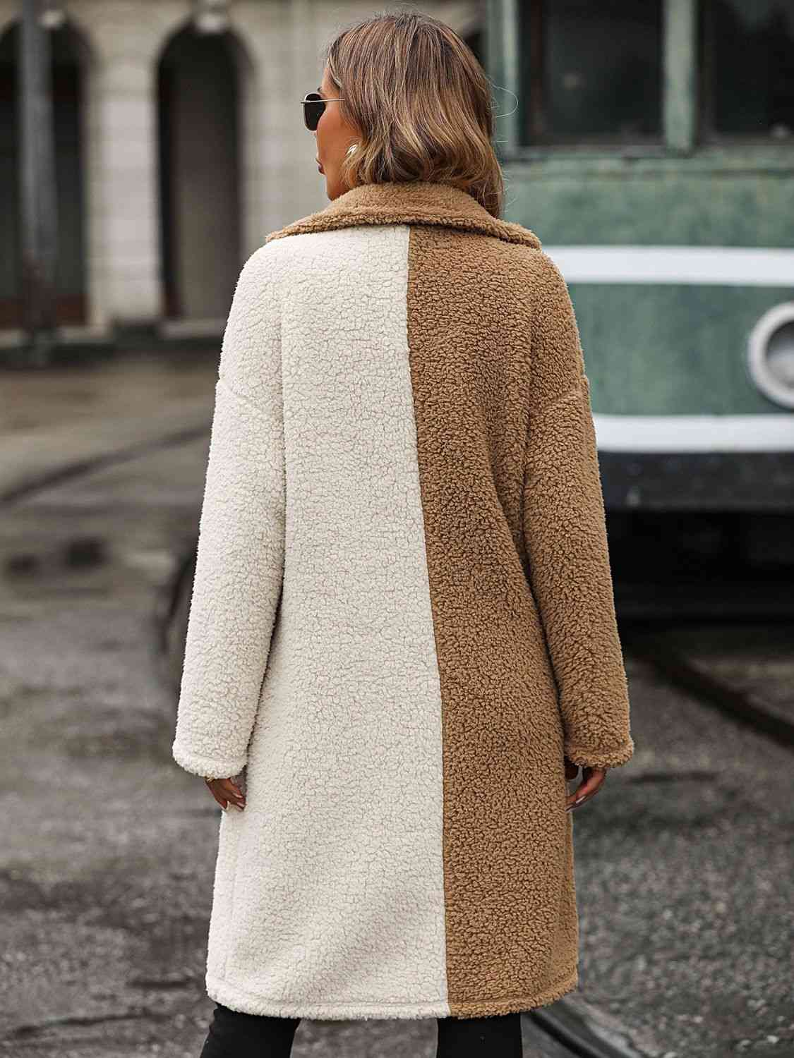 Dim Gray Contrast Dropped Shoulder Sherpa Coat