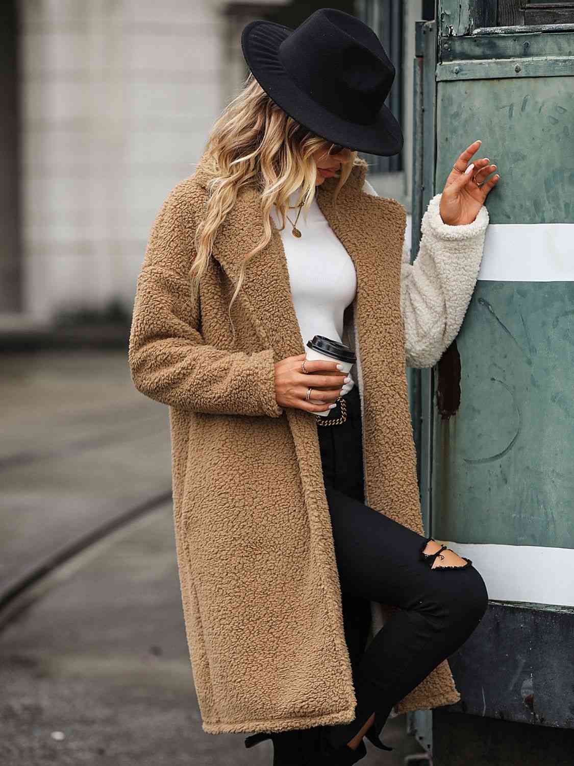 Dim Gray Contrast Dropped Shoulder Sherpa Coat