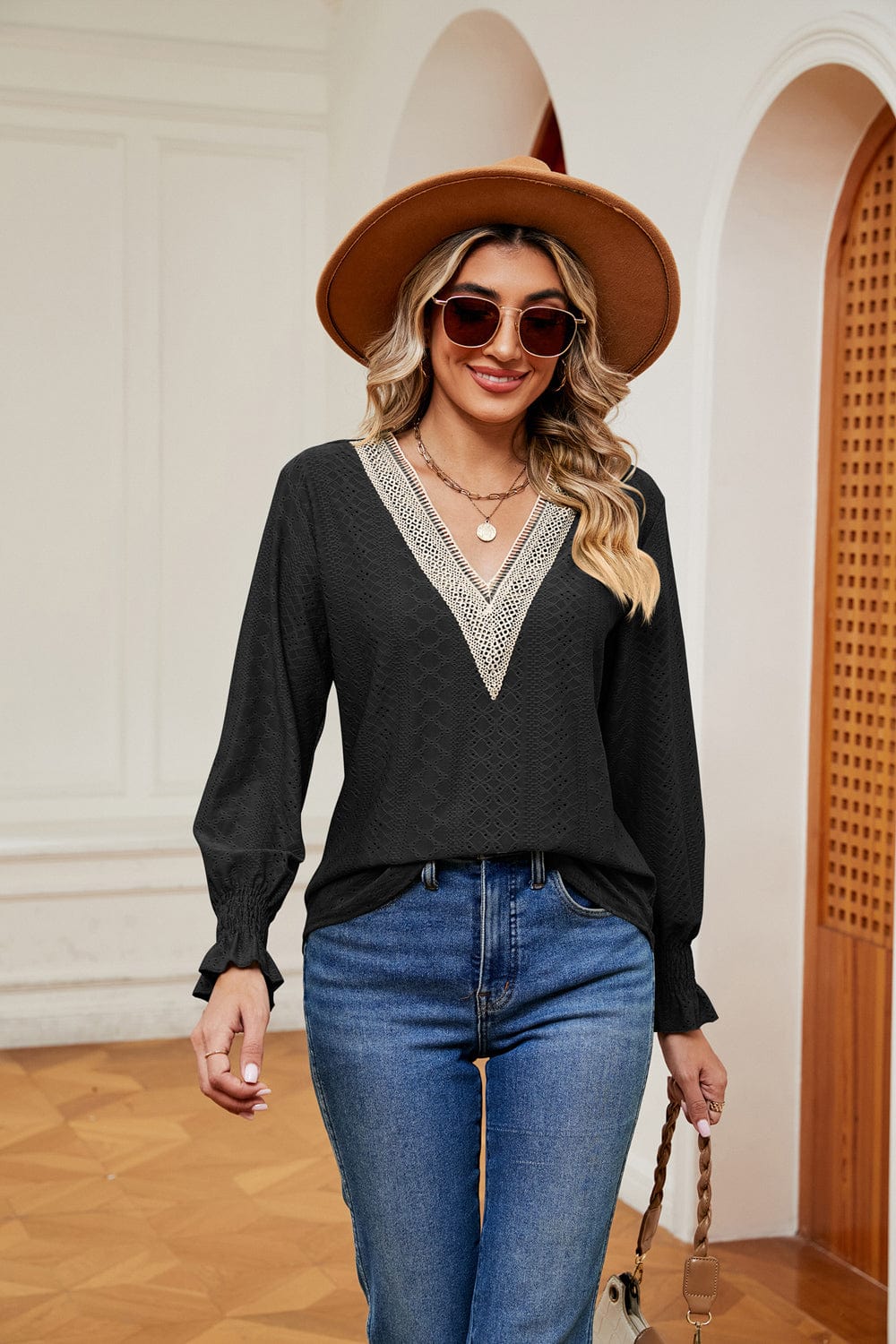 Dark Slate Gray Contrast Flounce Sleeve Blouse