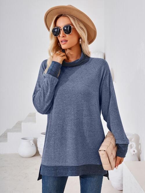 Dark Slate Gray Contrast Mock Neck Long Sleeve T-Shirt