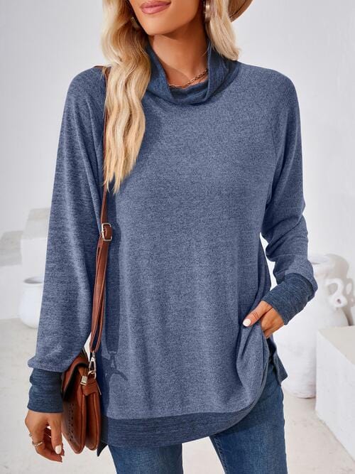 Dim Gray Contrast Mock Neck Long Sleeve T-Shirt