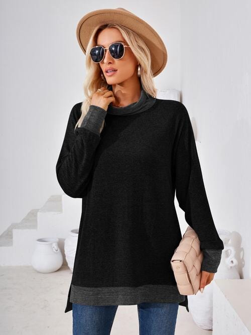 Black Contrast Mock Neck Long Sleeve T-Shirt