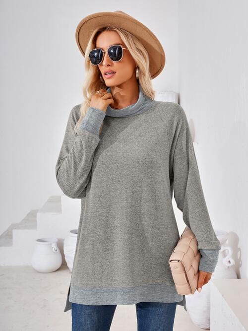 Light Gray Contrast Mock Neck Long Sleeve T-Shirt