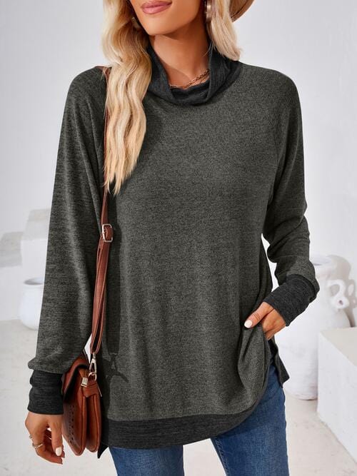 Light Gray Contrast Mock Neck Long Sleeve T-Shirt