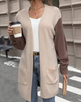 Rosy Brown Contrast Open Front Long Sleeve Cardigan