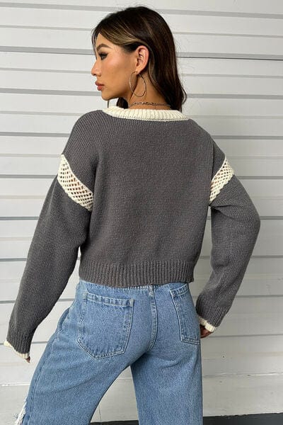 Gray Contrast Openwork Long Sleeve V-Neck Sweater