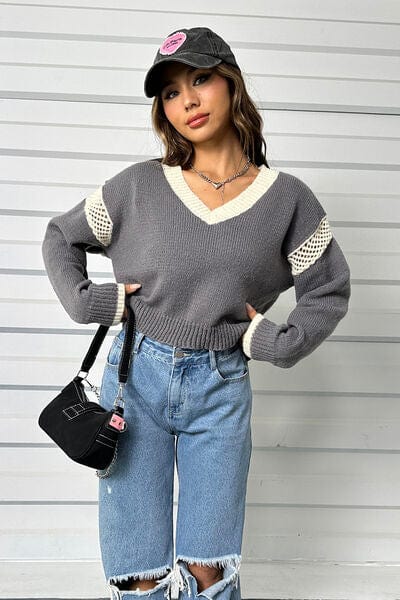 Light Gray Contrast Openwork Long Sleeve V-Neck Sweater