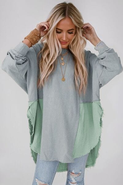 Gray Contrast Texture Round Neck Long Sleeve Blouse