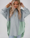 Gray Contrast Texture Round Neck Long Sleeve Blouse