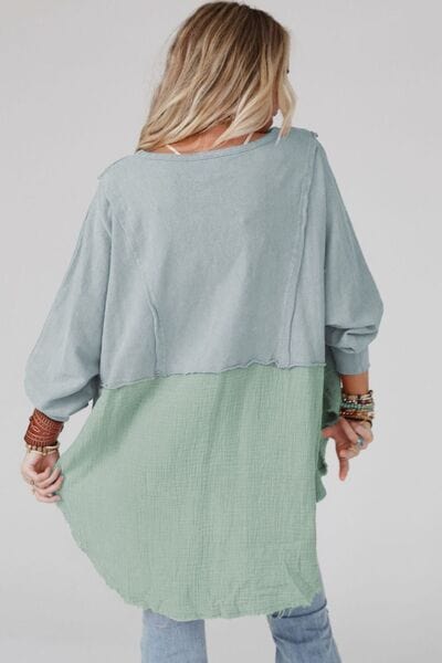 Gray Contrast Texture Round Neck Long Sleeve Blouse