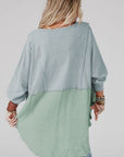 Gray Contrast Texture Round Neck Long Sleeve Blouse