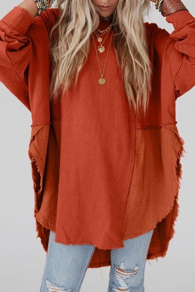 Brown Contrast Texture Round Neck Long Sleeve Blouse