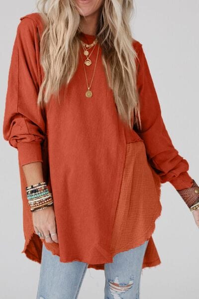 Sienna Contrast Texture Round Neck Long Sleeve Blouse