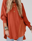 Sienna Contrast Texture Round Neck Long Sleeve Blouse