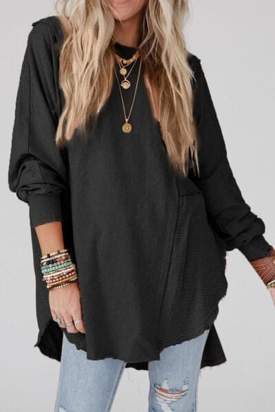 Light Gray Contrast Texture Round Neck Long Sleeve Blouse