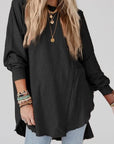 Light Gray Contrast Texture Round Neck Long Sleeve Blouse