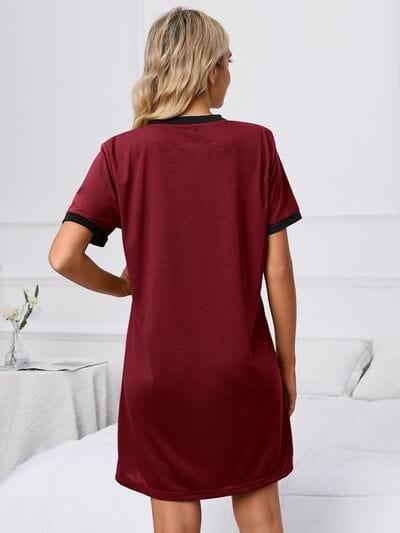 Dark Red Contrast Trim Round Neck Mini Dress