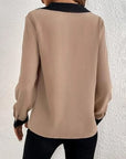 Rosy Brown Contrast Trim V-Neck Long Sleeve Blouse