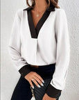 Light Gray Contrast Trim V-Neck Long Sleeve Blouse