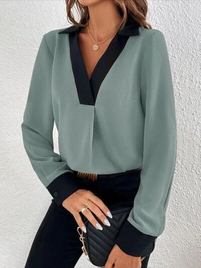 Gray Contrast Trim V-Neck Long Sleeve Blouse