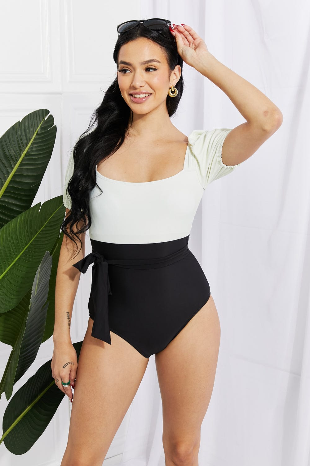 Black Marina West Swim Salty Air Puff Sleeve One-Piece in Cream/Black