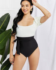 Black Marina West Swim Salty Air Puff Sleeve One-Piece in Cream/Black