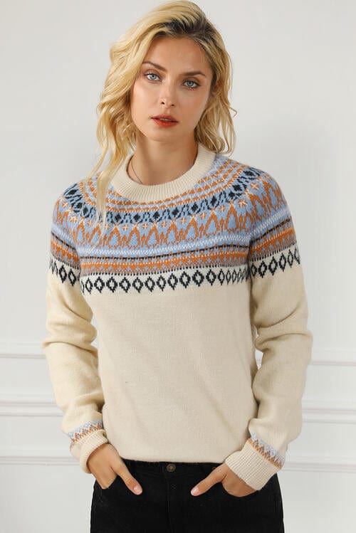 Light Gray Geometric Round Neck Long Sleeve Sweater