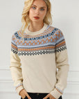 Light Gray Geometric Round Neck Long Sleeve Sweater