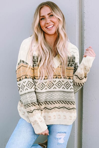 Gray Geometric V-Neck Dropped Shoulder Sweater