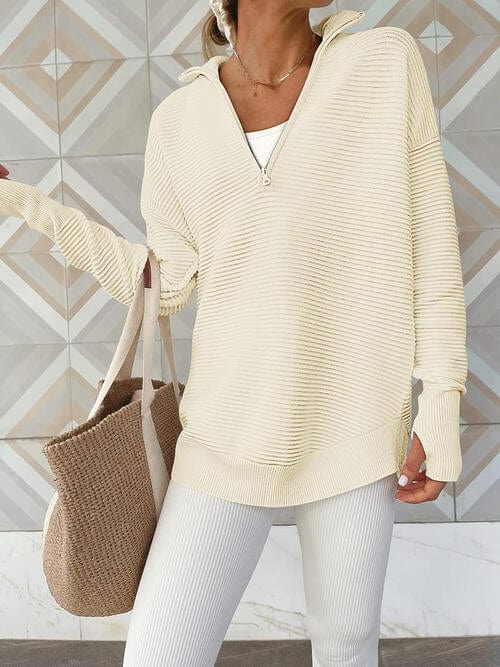 Light Gray Half Zip Long Sleeve Knit Top