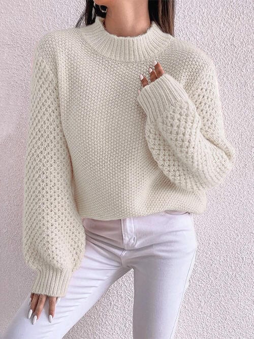 Gray Openwork Mock Neck Long Sleeve Sweater