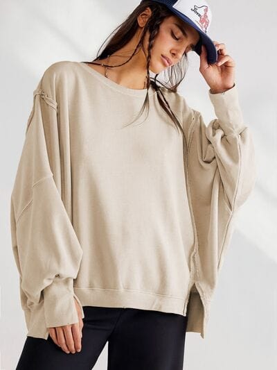 Light Gray Slit Round Neck Dropped Shoulder T-Shirt