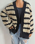 Gray Striped Contrast Open Front Long Sleeve Cardigan