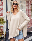 Gray V-Neck Slit Exposed Seam Sweater