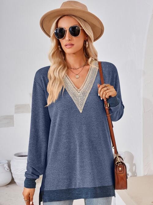 Dark Slate Gray Crochet Contrast V-Neck Long Sleeve Slit T-Shirt