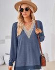 Dark Slate Gray Crochet Contrast V-Neck Long Sleeve Slit T-Shirt