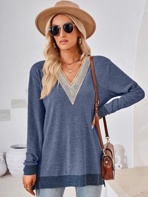 Dark Slate Gray Crochet Contrast V-Neck Long Sleeve Slit T-Shirt