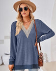 Dark Slate Gray Crochet Contrast V-Neck Long Sleeve Slit T-Shirt