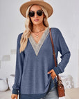 Dark Slate Gray Crochet Contrast V-Neck Long Sleeve Slit T-Shirt