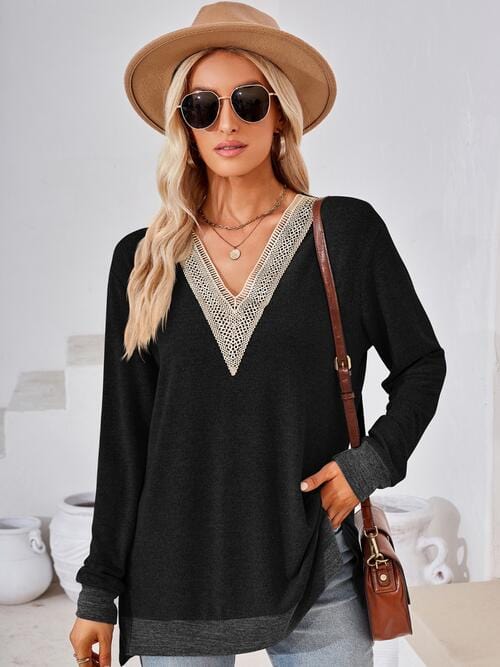 Black Crochet Contrast V-Neck Long Sleeve Slit T-Shirt