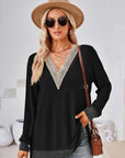 Black Crochet Contrast V-Neck Long Sleeve Slit T-Shirt