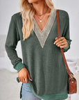 Gray Crochet Contrast V-Neck Long Sleeve Slit T-Shirt