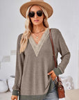 Gray Crochet Contrast V-Neck Long Sleeve Slit T-Shirt