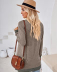 Light Gray Crochet Contrast V-Neck Long Sleeve Slit T-Shirt