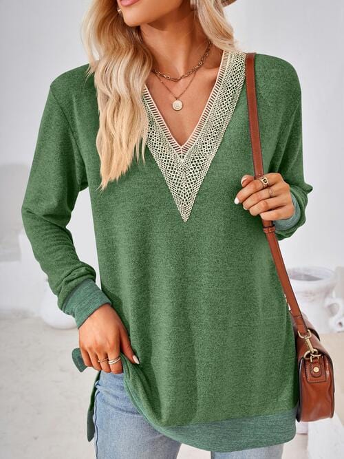 Light Slate Gray Crochet Contrast V-Neck Long Sleeve Slit T-Shirt