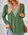 Light Slate Gray Crochet Contrast V-Neck Long Sleeve Slit T-Shirt